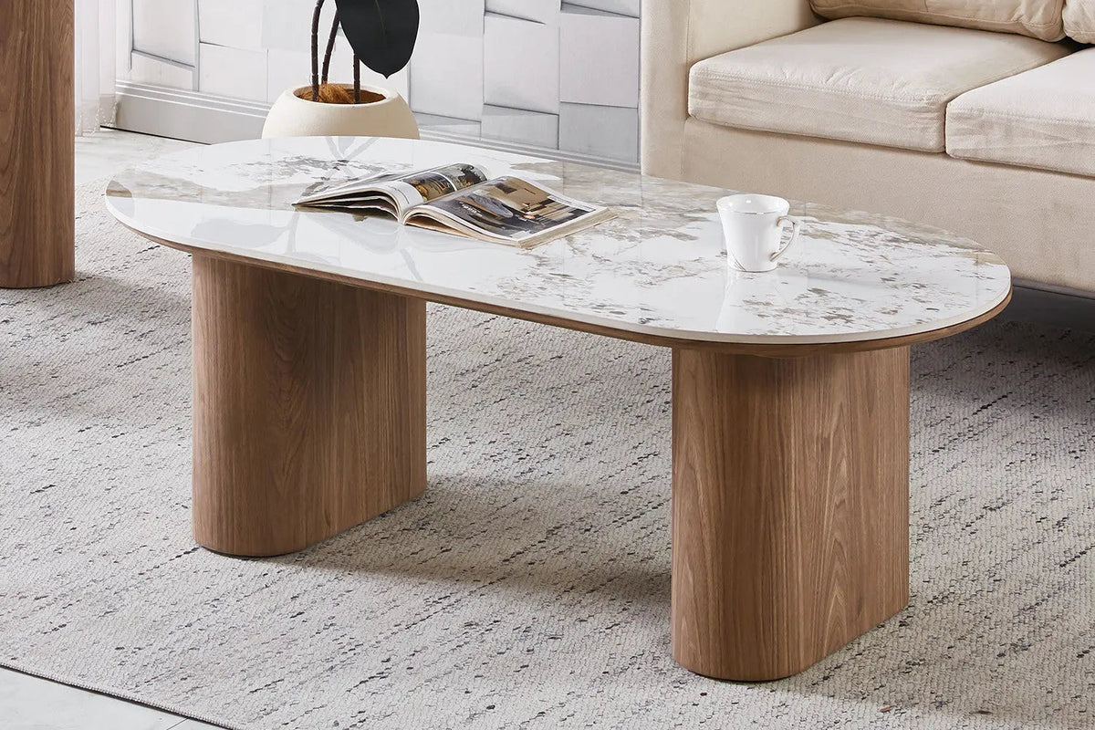 Table Basse Ovale en Pierre Brillante AVORA Beige - 120 x 60 cm