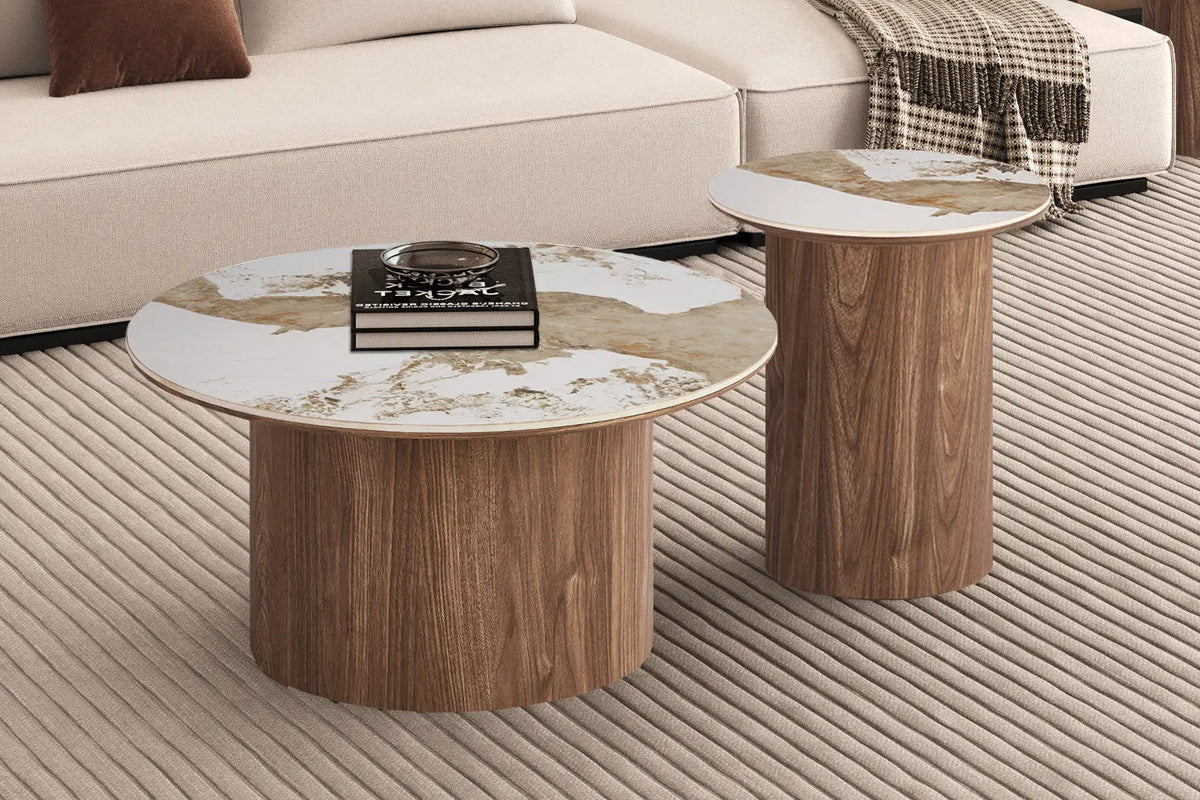 Table Basse Ronde AVORA en Pierre Frittée Brillante Beige - 80 cm