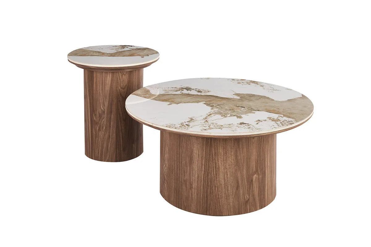 Table Basse Ronde AVORA en Pierre Frittée Brillante Beige - 80 cm