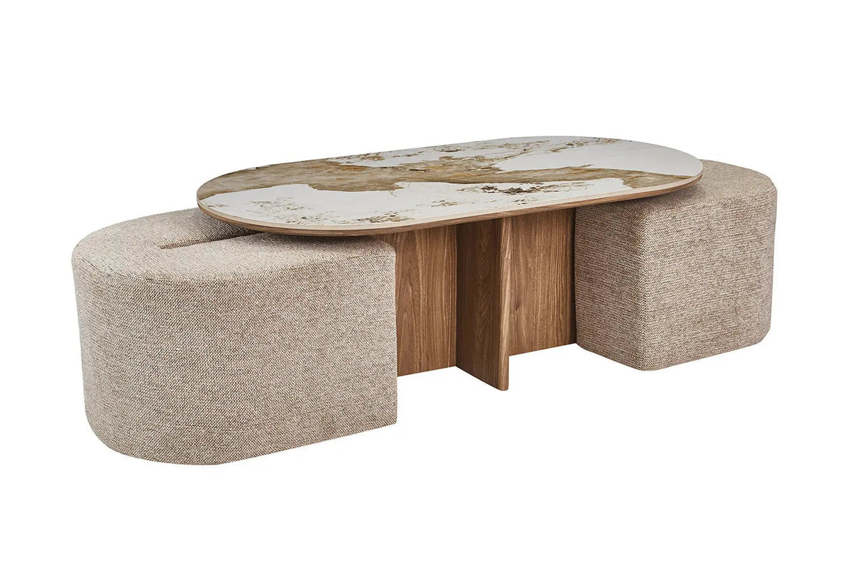 Table Basse avec 2 Poufs en Tissu Pierre Brillante AVORA - 120 x 60 cm