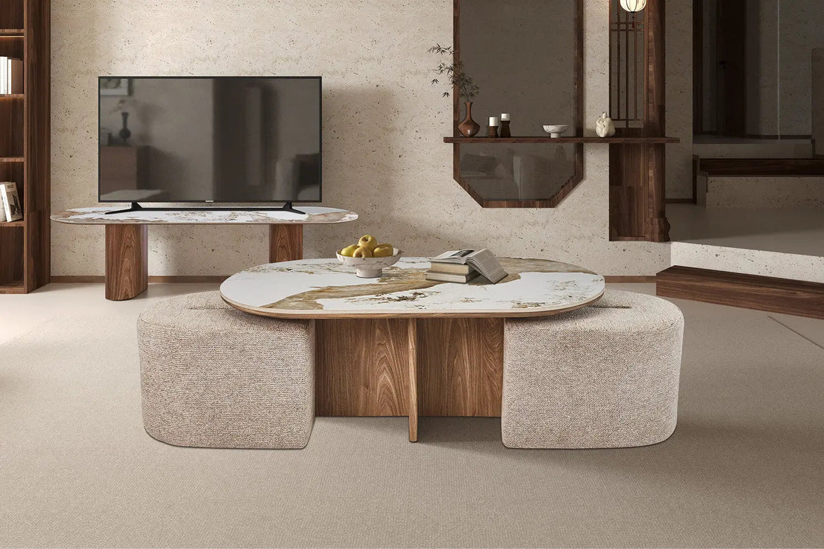 Table Basse avec 2 Poufs en Tissu Pierre Brillante AVORA - 120 x 60 cm