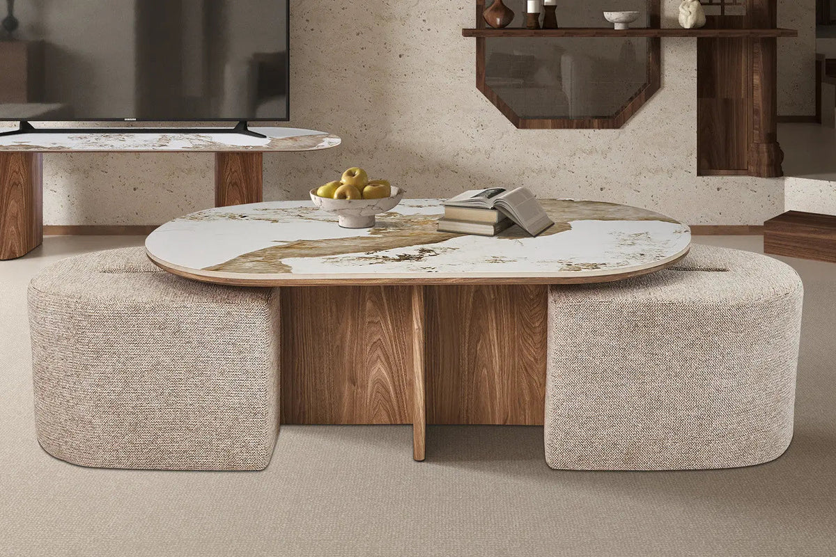 Table Basse avec 2 Poufs en Tissu Pierre Brillante AVORA - 120 x 60 cm