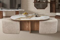 Table Basse avec 2 Poufs en Tissu Pierre Brillante AVORA - 120 x 60 cm