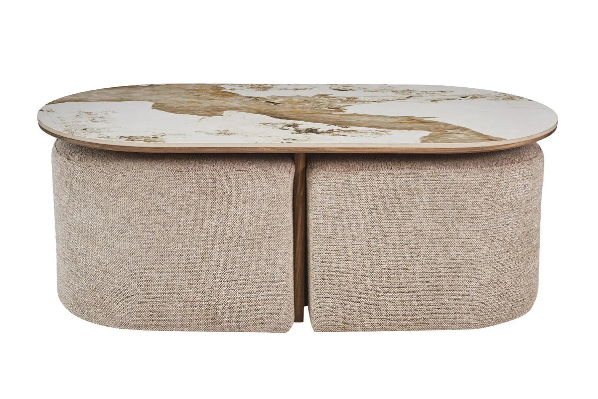 Table Basse avec 2 Poufs en Tissu Pierre Brillante AVORA - 120 x 60 cm