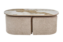 Table Basse avec 2 Poufs en Tissu Pierre Brillante AVORA - 120 x 60 cm