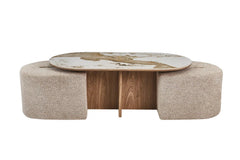 Table Basse avec 2 Poufs en Tissu Pierre Brillante AVORA - 120 x 60 cm