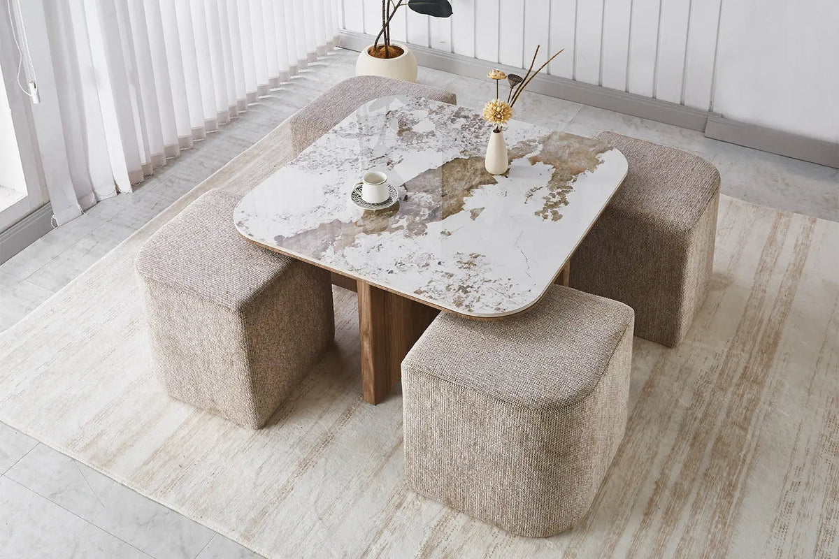 Table Basse avec 4 Poufs en Tissu Pierre Brillante AVORA - 80 x 80 cm
