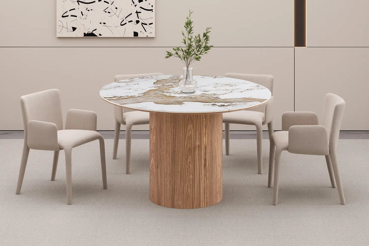 Table à Manger Extensible AVORA en Pierre Brillante Beige - 120 à 200 cm