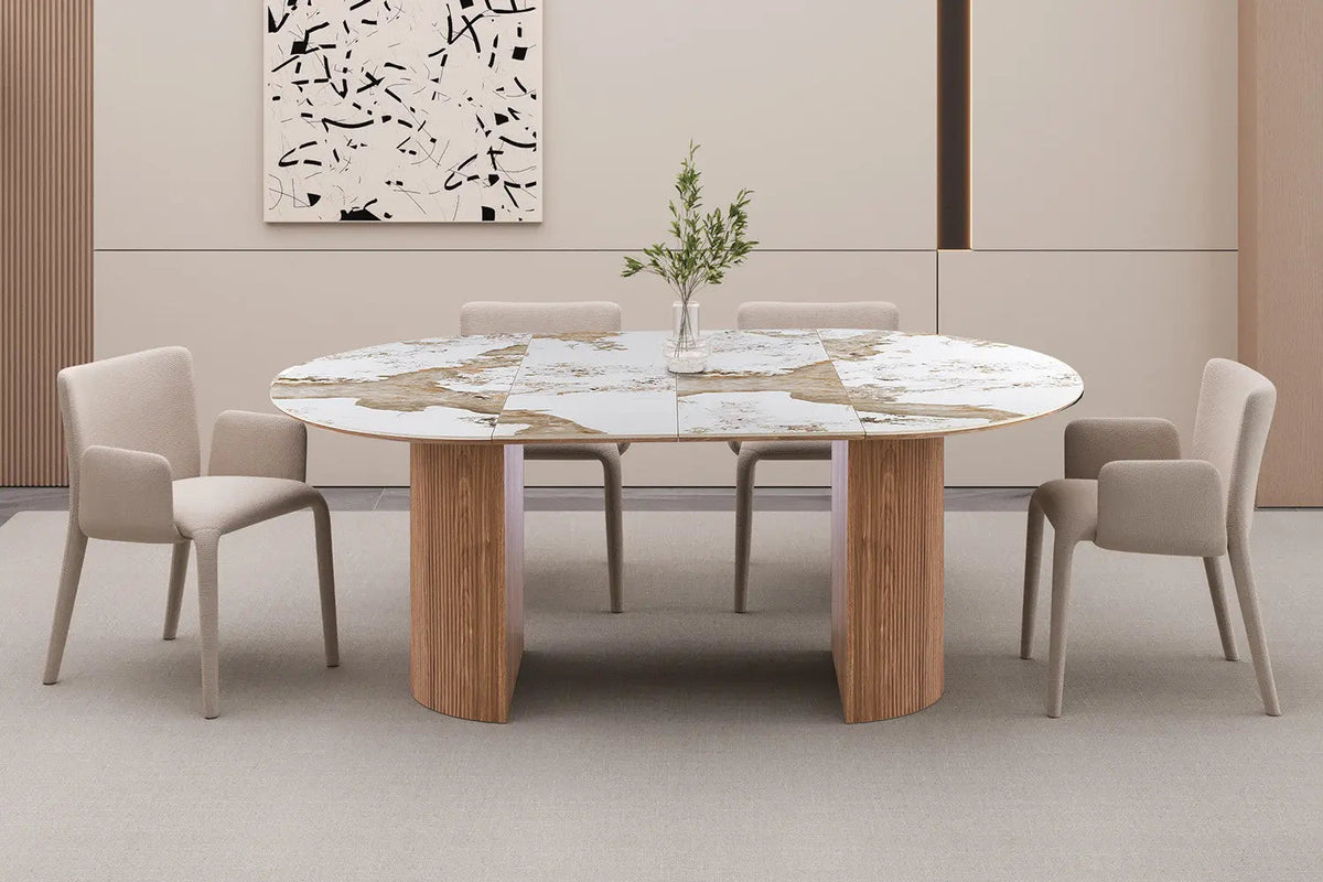 Table à Manger Extensible AVORA en Pierre Brillante Beige - 120 à 200 cm
