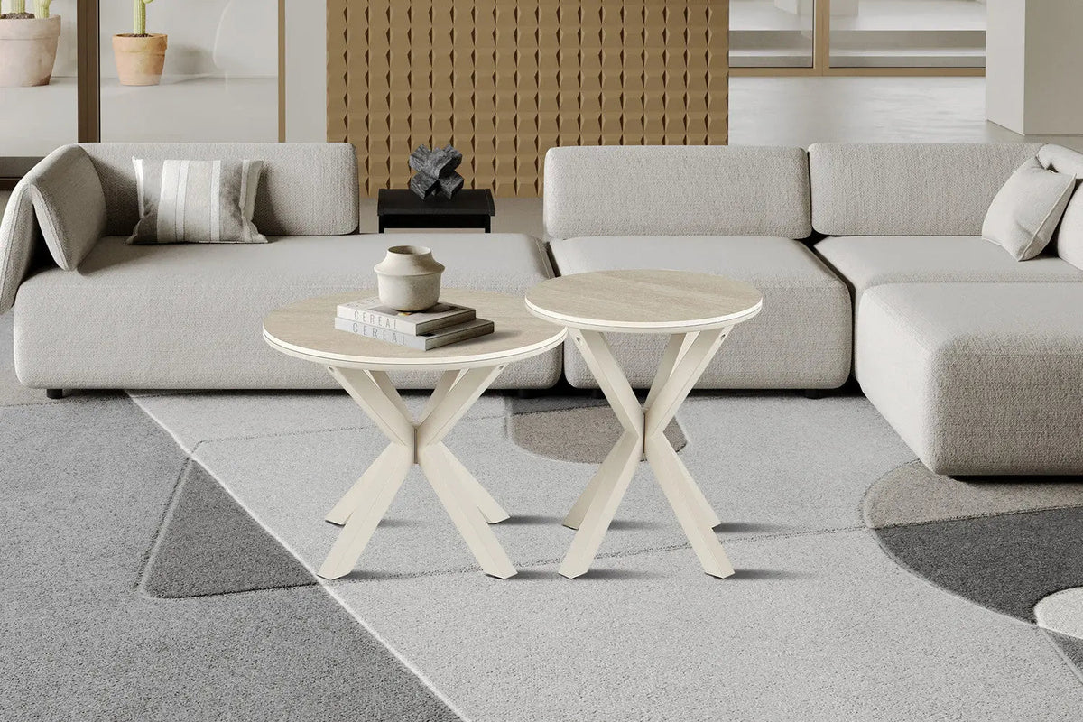 Table d'Appoint Ronde NOAH en Pierre Frittée Beige - Ø 50 cm
