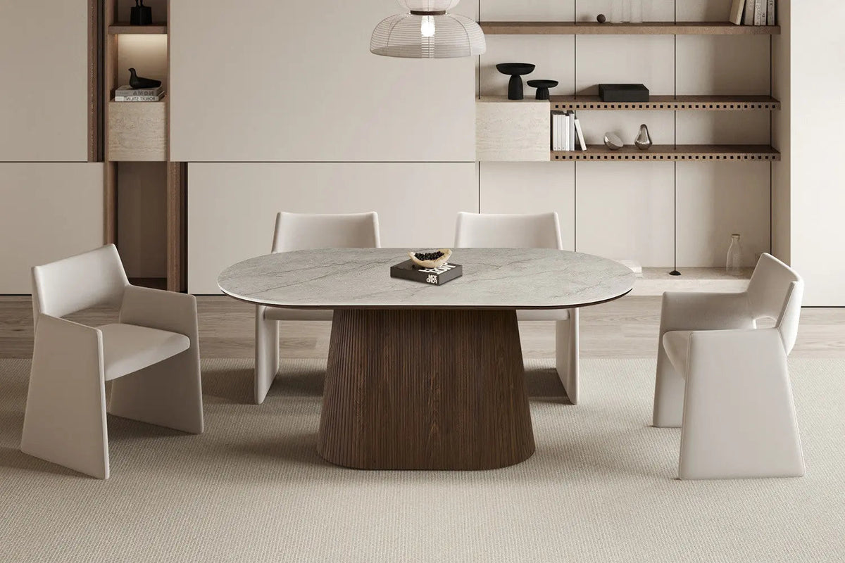 Table de salle à manger VEKO Ovale Décor Chêne et Plateau Pierre Frittée - 180 x 90 cm