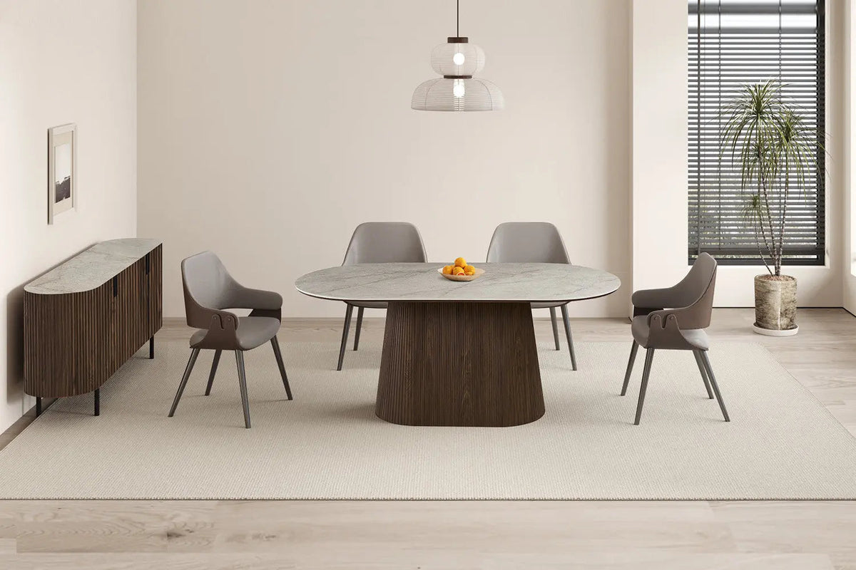 Table de salle à manger VEKO Ovale Décor Chêne et Plateau Pierre Frittée - 180 x 90 cm
