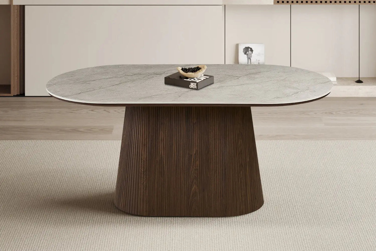 Table de salle à manger VEKO Ovale Décor Chêne et Plateau Pierre Frittée - 180 x 90 cm