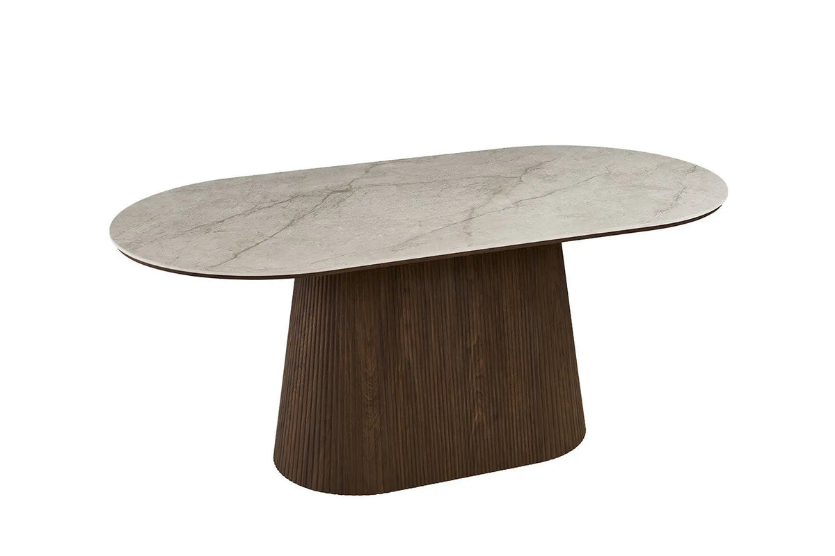Table de salle à manger VEKO Ovale Décor Chêne et Plateau Pierre Frittée - 180 x 90 cm