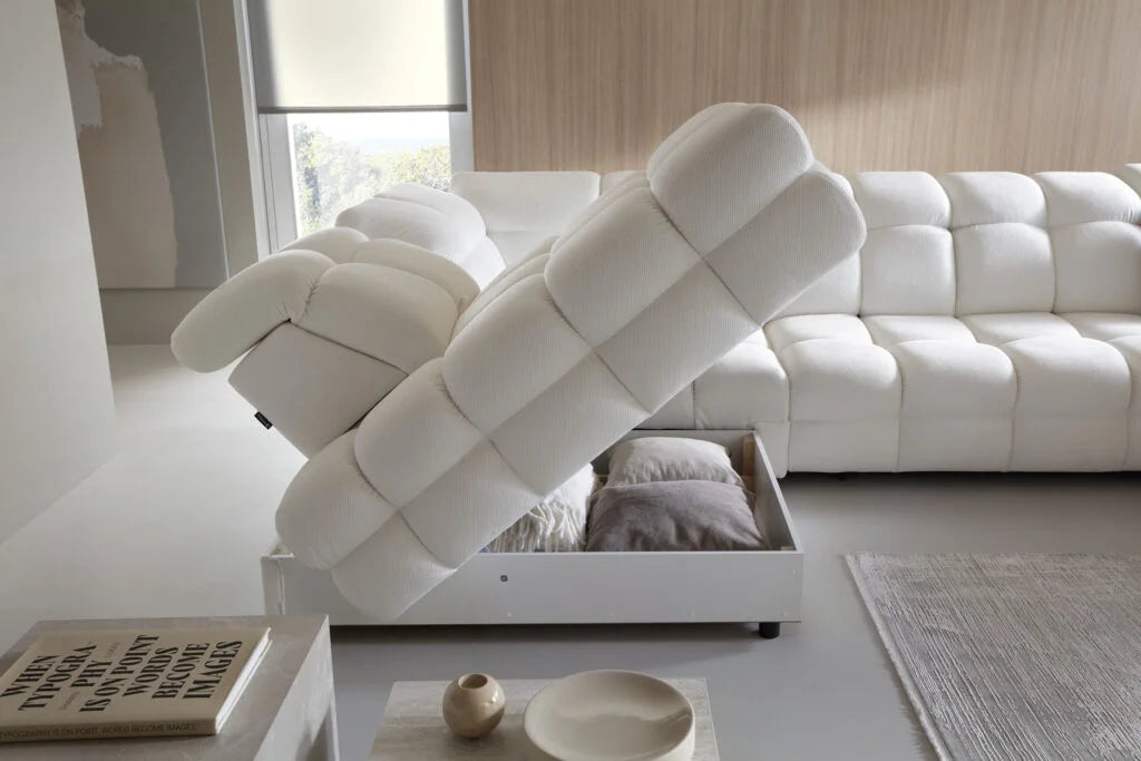 THALES XL – Canapé panoramique avec assise électrique et coffre de rangement – 400 x 220cm