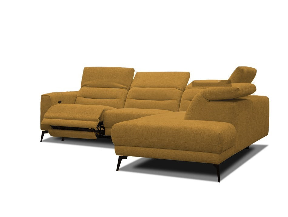 BALIA – Canapé d'angle ocre vu de côté, élément d'angle ouvert et relax déplié