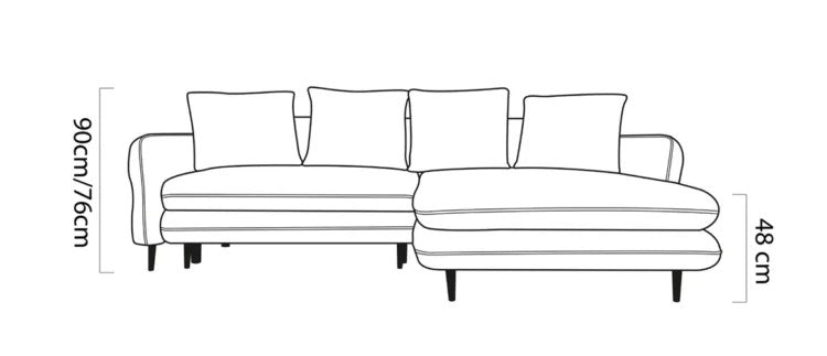 Hauteurs du canapé SALLY : 76/90 cm, assise 48 cm