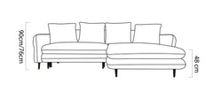 Hauteurs du canapé SALLY : 76/90 cm, assise 48 cm