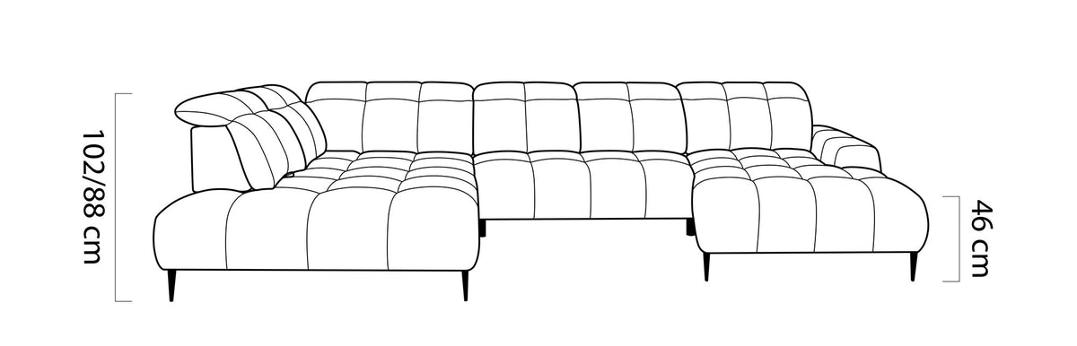 GIOVANNI XL – Schéma des dimensions de face (hauteur 88/102 cm, assise 46 cm)