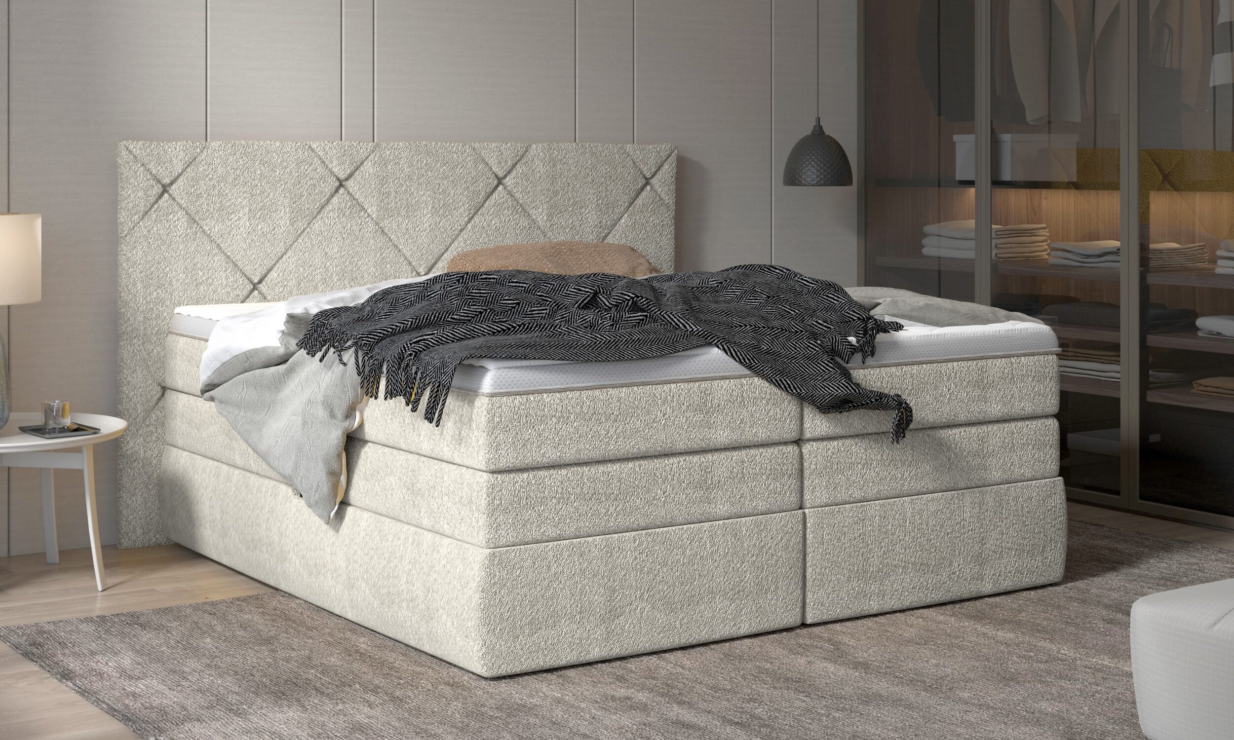 LUNGO - Lit Coffre Box Spring avec Matelas Bonnell
